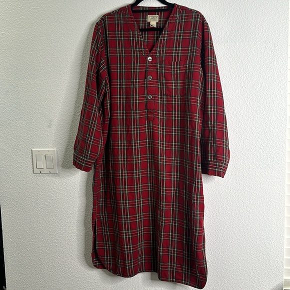 LL bean red green blue plaid midi nightgown size M half button granny fannnel - Picture 2 of 10